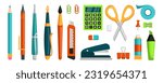 School supplies. Cute stationery. Pen and pencil. Study tongs. Stapler and glue. Adhesive tape. Scissors or highlighter marker. Education elements set. Vector tidy minimal illustration