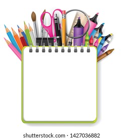 School supplies design background with empty space for text in a ring notebook. Education concept template. Vector illustration.