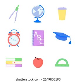 School supplies design. Books, chancellaria, globe. Vector flat illustration.