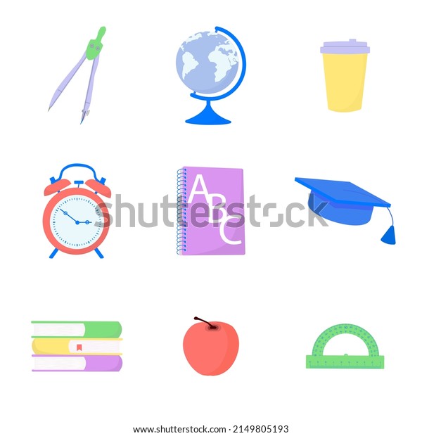 School supplies design. Books,
chancellaria, globe. Vector flat
illustration.