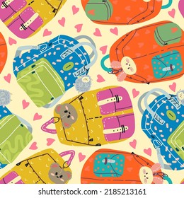 School supplies, Different school bag. Flat vector illustration. Pattern. Light background, wallpaper, cartoon style