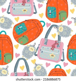 School supplies, Different school bags, key chain. Pattern. Light background, wallpaper, cartoon style. Poster, stickers, printing on clothes