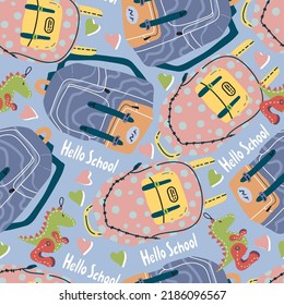 School supplies, Different school bags. Pattern. Light background, wallpaper, cartoon style. Flat vector illustration
