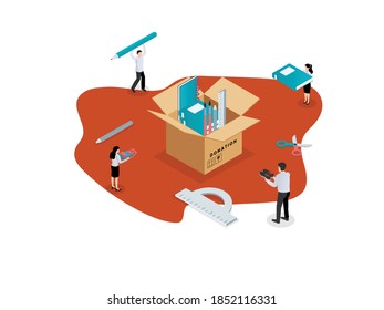 School supplies donation flat isometric vector concept: Volunteers donating school supplies into a donation box for orphanage and poor children on white background