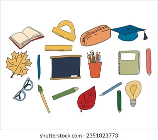 School supplies doodle hand drawn colourful elements. Back to school teaching materials design