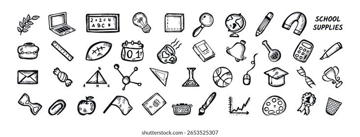 School Supplies Doodle Hand Drawn Icons Elements. Back to School Vector Illustration. Collection Education Sketch Ink Book, Laptop, Calculator, Globe, School bag, Ruler, light bulb, Watch, Board, Ball