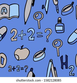 school supplies doodle seamless pattern. blue stock vector illustration