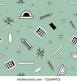 School supplies doodles in black, white and gray colors as a seamless pattern  - Eps10 vector graphics and illustration