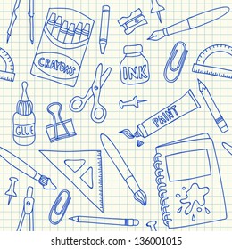 School supplies doodles on school squared paper, seamless pattern