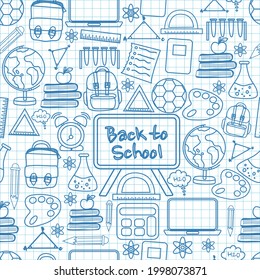 La escuela suministra garabatos sobre el papel cuadrado de la escuela sin fisuras. De vuelta al diseño del doodle escolar.