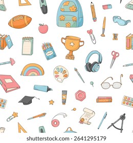 School supplies doodles seamless pattern, back to school wallpaper, background, wrapping paper, scrapbooking, stationery, education theme. EPS 10