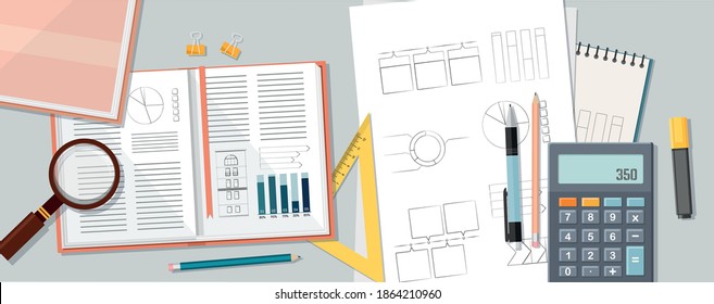 School supplies, education background. Books, calculator and other school supplies on the table. Top view. Vector