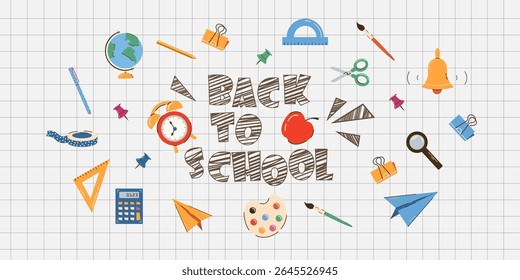 School supplies and education banner. Back to school. Backpack, books, globe, pencil box, paints, ruler, pen, pencil. Suitable for prints, cards, paper crafts, scrapbooking.