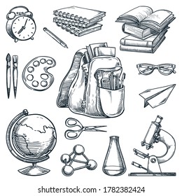 School supplies   education design elements  isolated white background  Hand drawn sketch vector illustration  Backpack  books  notebooks  microscope  globe doodle icons