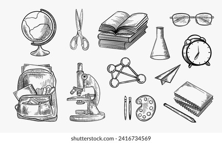 School supplies and education design elements, isolated on white background. Hand drawn sketch vector illustration. Backpack, books, notebooks, microscope, globe doodle icons