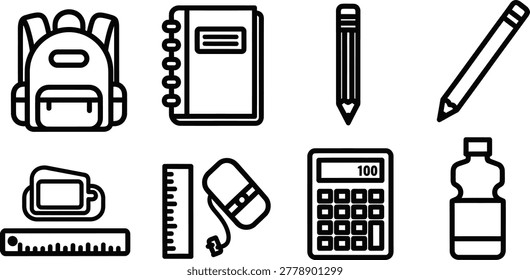 School supplies and education flat vector icon set for student study