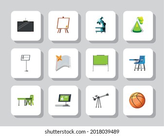 school supplies education icons set