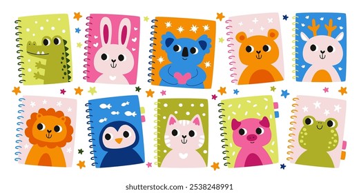 Cuadernos de educación de útiles escolares Plantilla con lindos animales kawaii dibujando en la cubierta conjunto aislado. Estudiando diarios o álbumes de papelería con colorida Ilustración vectorial de diseño artístico creativo