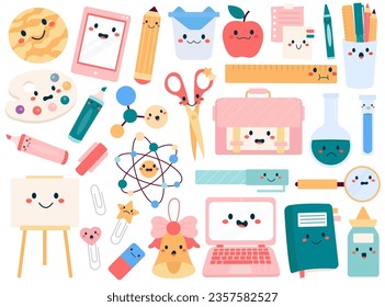 School supplies, education stationery, kawaii studying accessories cartoon characters set vector illustration. Happy smiling pen, pencil, ruler, book, sharpener, paints, crayon learning items emoji