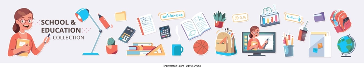 School supplies, education stickers collection. Teacher woman person, online lesson on computer, books, backpack, pens, pencils, calculator, lamp set. Knowledge, study concept flat vector illustration