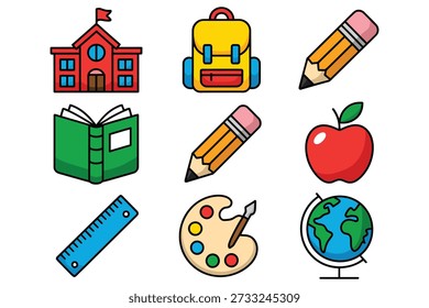 School supplies and educational icons backpack pencil