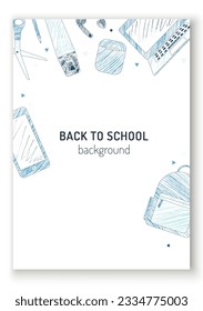 School supplies and e-learning items sketch style blue coloring pencils design for a vertical poster vector
