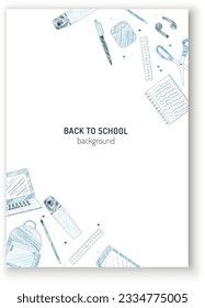School supplies and e-learning items sketch style blue coloring pencils design for a vertical poster vector
