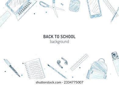 School supplies and e-learning items sketch style blue coloring pencils background design vector