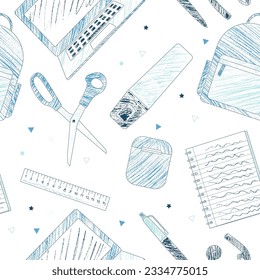 School supplies and e-learning items sketch style blue coloring pencils design seamless pattern vector