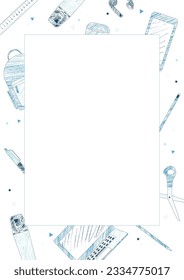 School supplies and e-learning items sketch style blue coloring pencils frame design vector