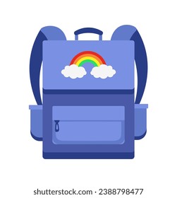 Elemento de suministros escolares. Colorida pegatina o icono con una mochila linda para libros y papelería. De vuelta a la escuela. Educación y aprendizaje. Dibujo vectorial plano de dibujos animados aislado en fondo blanco