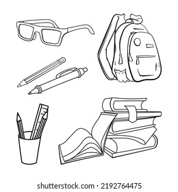 School supplies element set of hand drawn outline vector illustrations.