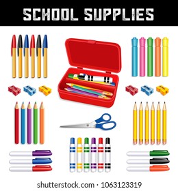 School Supplies for elementary, grammar, middle, high school: ball point pens, highlighters, pencils, sharpeners, scissors, small tip and large marker pens with red pencil box isolated on white.