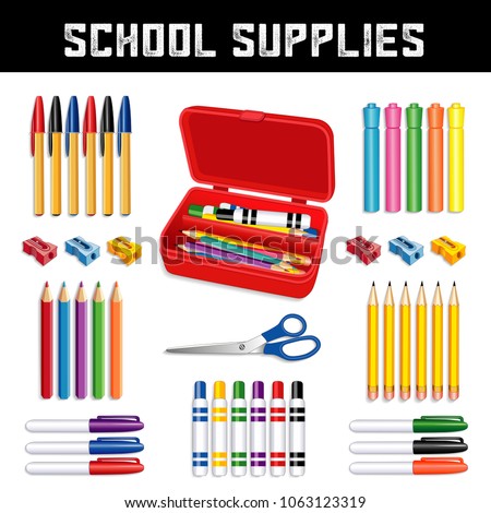 School Supplies for elementary, grammar, middle, high school: ball point pens, highlighters, pencils, sharpeners, scissors, small tip and large marker pens with red pencil box isolated on white.