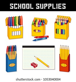 School supplies for elementary, middle school, kindergarten, daycare, preschool: marker pens, wax crayons, colored pencils, ball point pens, lined writing paper, sharpener, isolated on white.