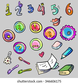 school supplies elements. punctuation marks, number, pencils and notebook