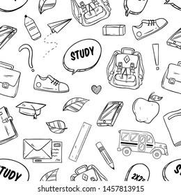 School Supplies or Elements in Seamless Pattern With Sketchy Style on White Background
