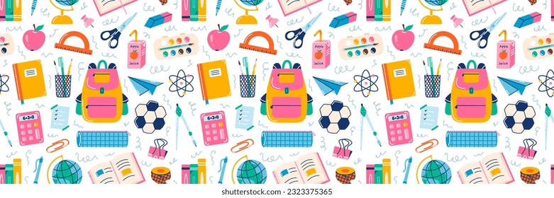 School supplies elements, vector seamless pattern in hand drawn style, back to school on white background