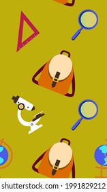 School supplies elements.Vector seamless pattern for banner,poster,website,wrapping paper,printing on fabric,textile.Schooling Stationery tools,green Background.Student accessories.Office stationery