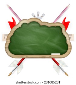 School supplies and empty green chalkboard isolated. EPS 10 vector file included