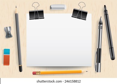 School supplies and empty paper card on wood desk, vector background