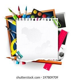 School supplies with empty paper on isolated background 