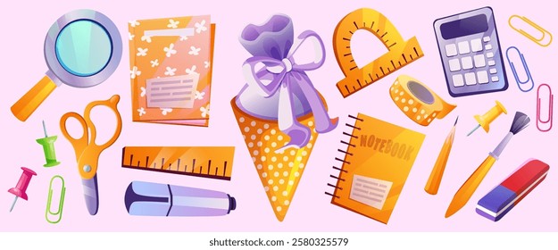 School supplies with festive cone and purple bow decoration - magnifying glass and scissors, notebook and calculator, pencil and pushpins, clips and eraser. First grade celebration stationery set.