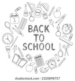 School supplies for the first of September in the style of doodle, isolated on a white background. Black and white composition of stationery back to school.