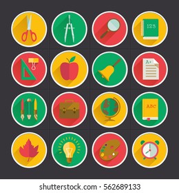 School supplies flat collection in circles with long shadows on dark background isolated vector illustration