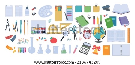 School supplies flat design. Big vector set of elements with stationery and school supplies. Office and education equipment - book, notebook, ruler, flasks, paints, pencils and etc. Back to school.