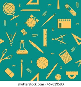 School supplies flat design modern color vector seamless pattern: notebook, pen, pencil, brush, scissors, ball, pencil case, globe, ruler etc.