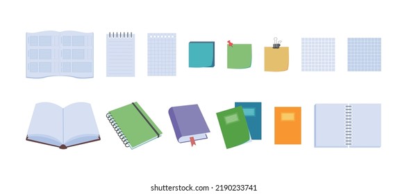 School supplies flat design. Vector set of elements with stationery and school supplies. Back to school. Office and education equipment - book, notebook, paper stickers, notepad and etc.