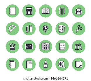 School supplies flat line icons set. Study tools - globe, calculator, book, pencil, scissors, ruler, notebook vector illustration. Thin signs for stationery sale.