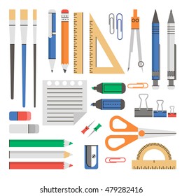 School supplies flat modern design. School supplies equipment and back to school icons vector isolated; Stationery set.